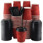 NYHI Red Disposable Paper Cups with Black Lids and Straws 8oz Set of 100