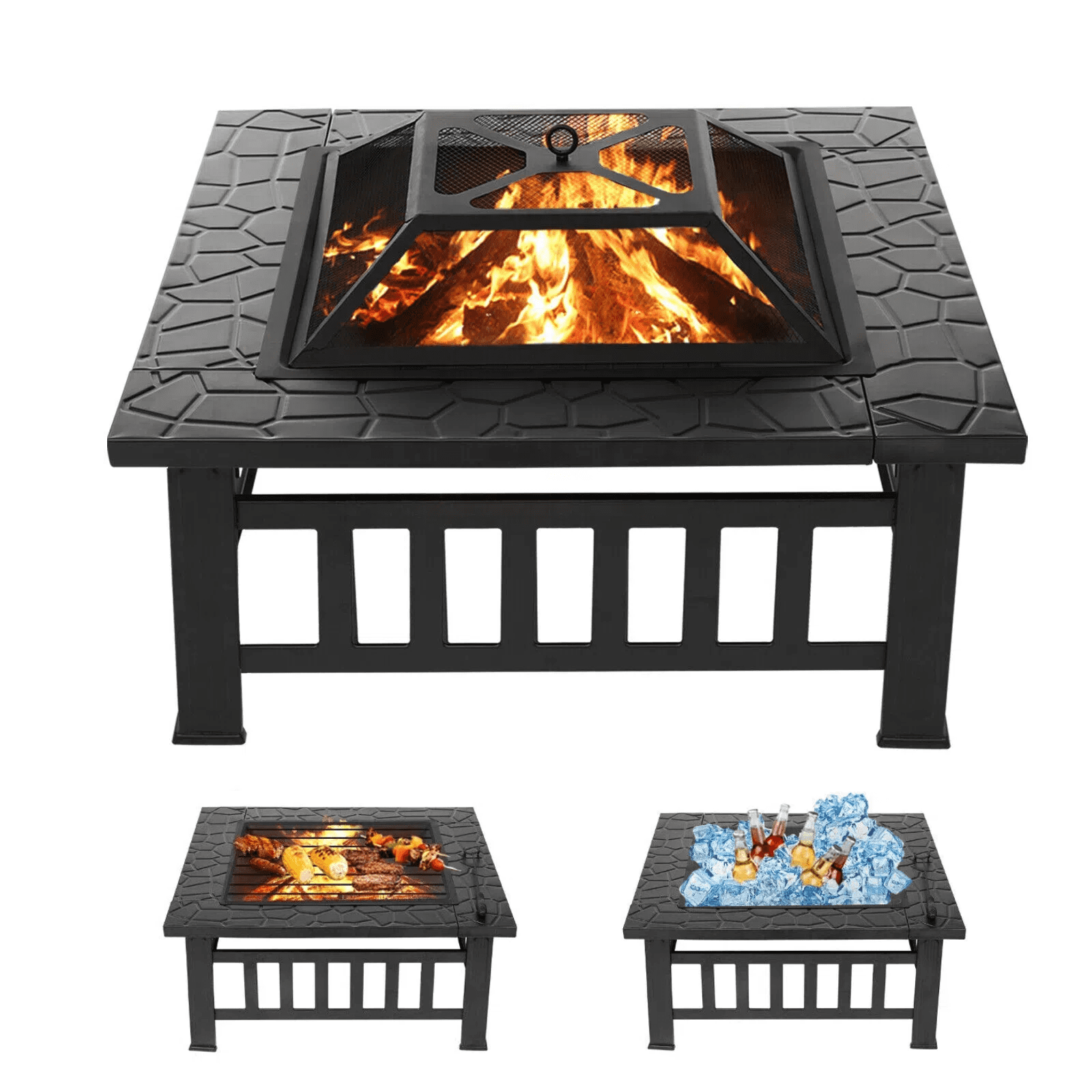 SinglyFire 32 inch Fire Pit for Outsied Wood Burning Fire Pit Table for Outdoor Square Metal Firepit for BBQ with Screen Lid Poker and Backyard Patio Garden Outdoor Fire Pit Ice Pit