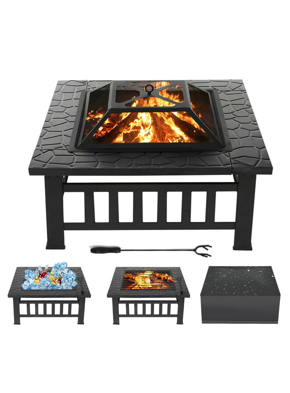 SinglyFire 32 inch Fire Pit for Outsied Wood Burning Fire Pit Table for Outdoor Square Metal Firepit for BBQ with Screen Lid Poker and Cover Backyard Patio Garden Outdoor Fire Pit Ice Pit