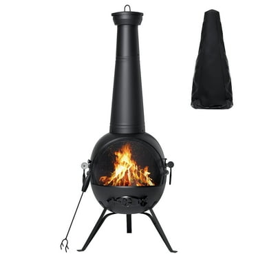 Chiminea Outdoor Fireplace with Cover & Stand Wood Burning Small Patio ...