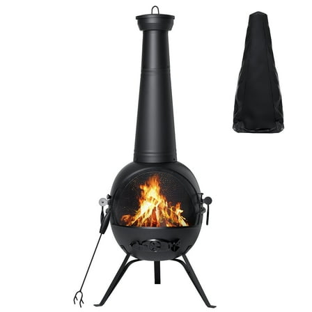SinglyFire Chiminea Outdoor Fireplace Wood Burning Chimenea Metal Cast Iron Fire Pit with Cover Rain Lids for Backyard Garden Camping Patio Heater
