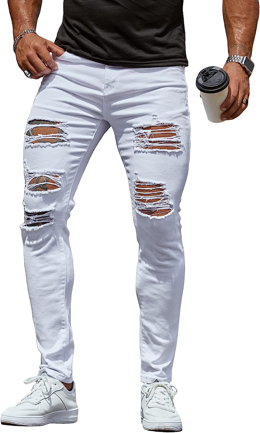 Singreal Men's High Waisted Ripped Skinny Jeans Long Denim Pants with