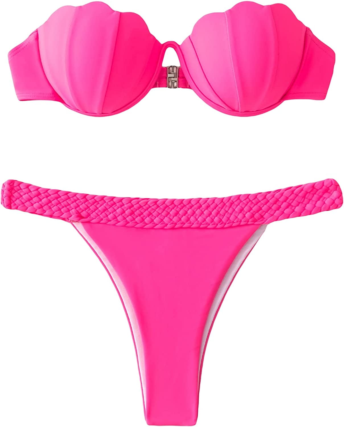 Singreal Women's 2 Piece Bandeau Swimsuit Scalloped Push Up Thong Bikini Set Bathing Suits