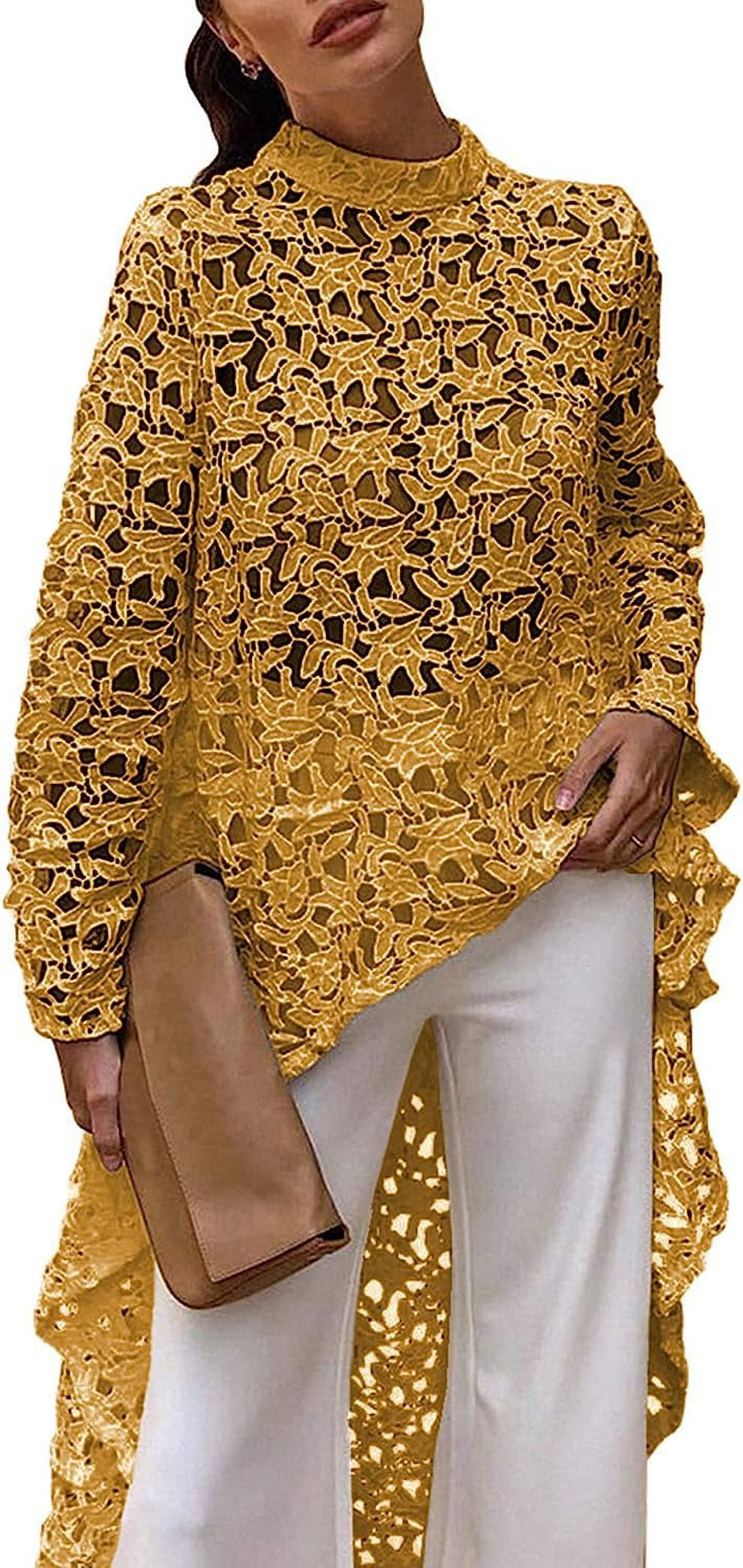 Long sleeve round neck high sale low lace blouse