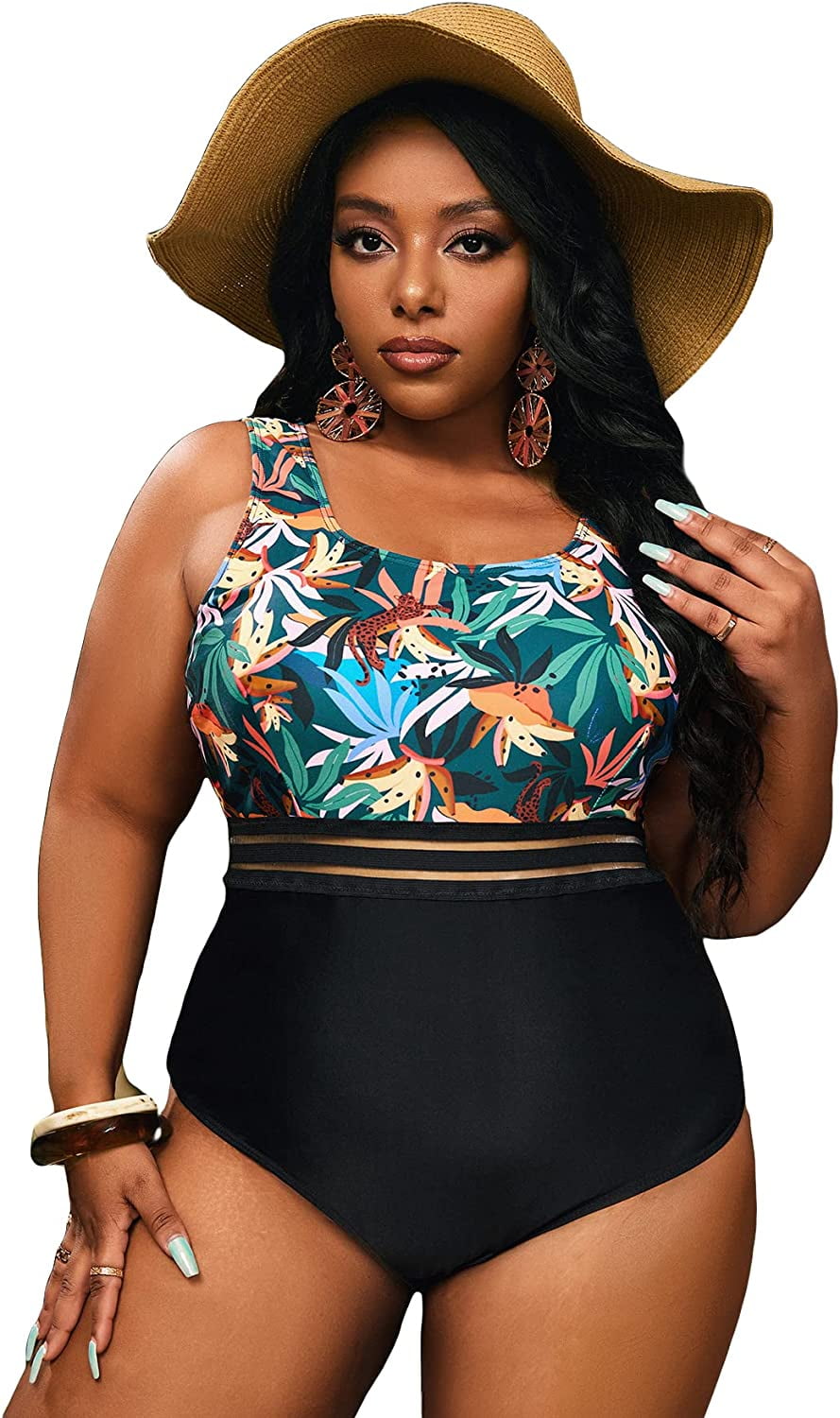 Singreal Women's Plus Size Bathing Suit Tropical Print Contrast Mesh One Piece Swimsuit