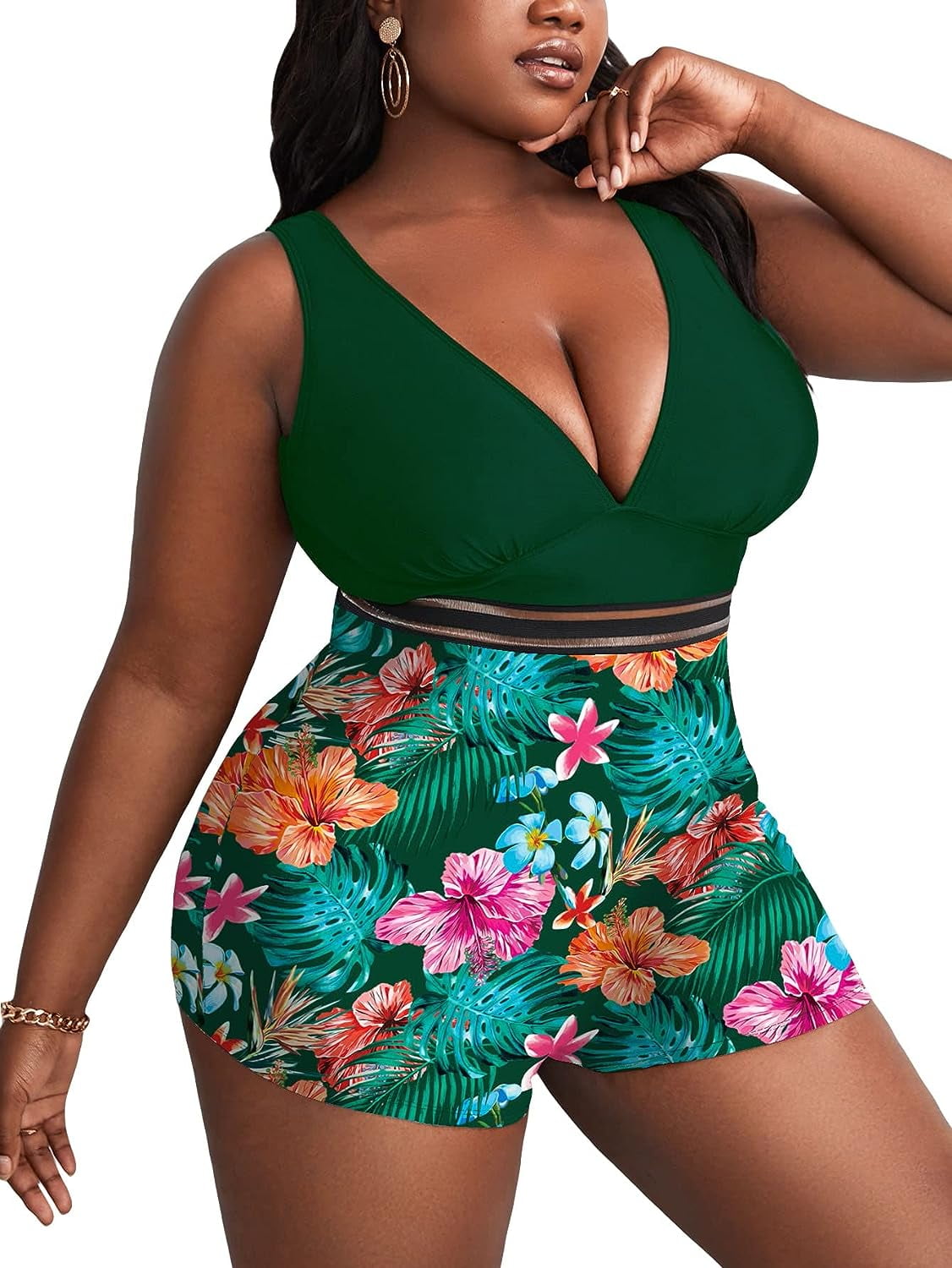 Singreal Women's Plus Size Tropical Print Mesh Insert Deep V Neck One