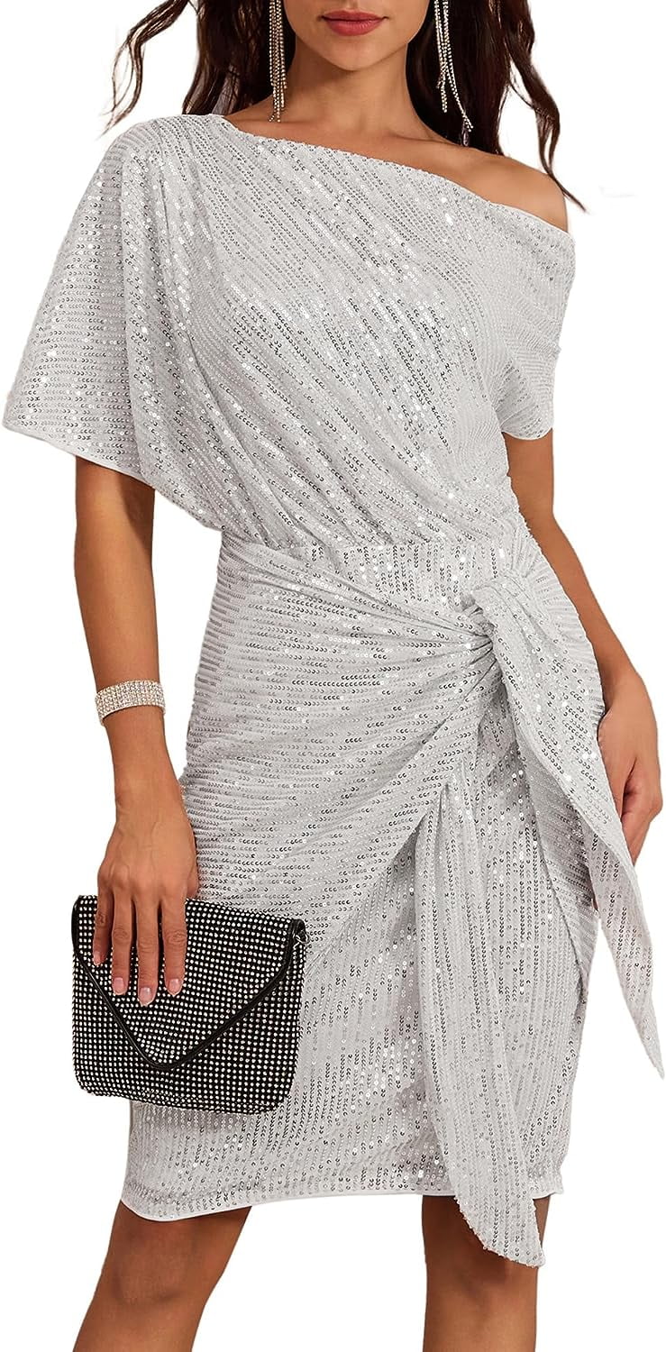 Singreal Women's Sequin Sparkly Glitter Party Club Dress One Shoulder Ruched Cocktail Bodycon