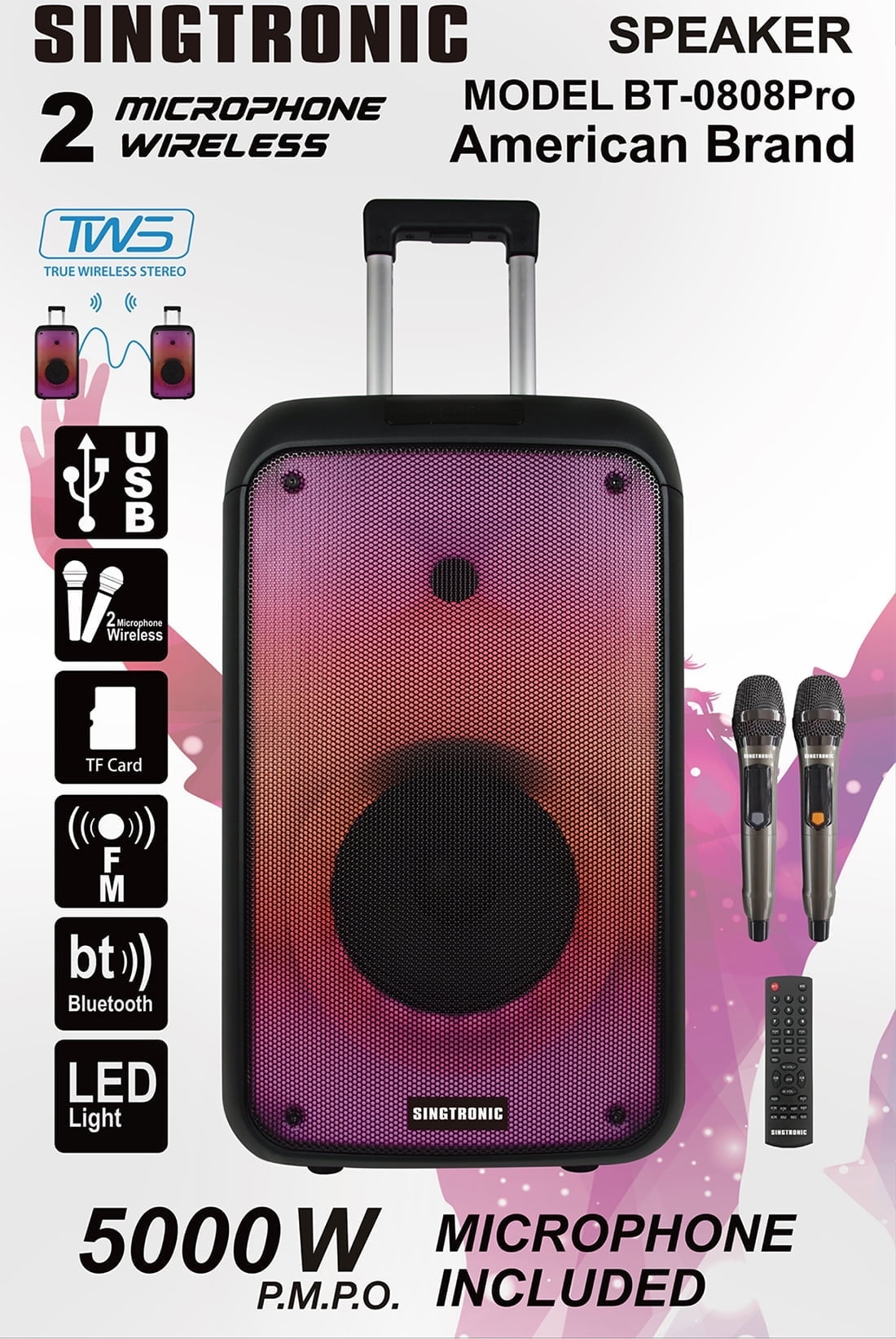 Singtronic BT-0808Pro Portable Bluetooth Speakers, Karaoke System with 2 x Wireless Microphones, 500W