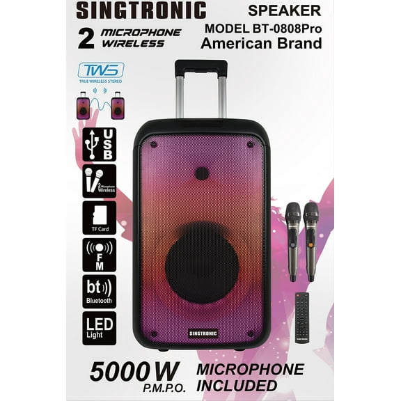 Singtronic BT-0808Pro Portable Bluetooth Speakers, Karaoke System with 2 x Wireless Microphones, 500W