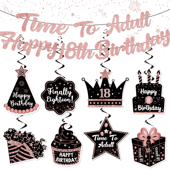 Singult 18th Birthday Party Decoration Kit Black and Pink with Banner and 8 Hanging Swirls