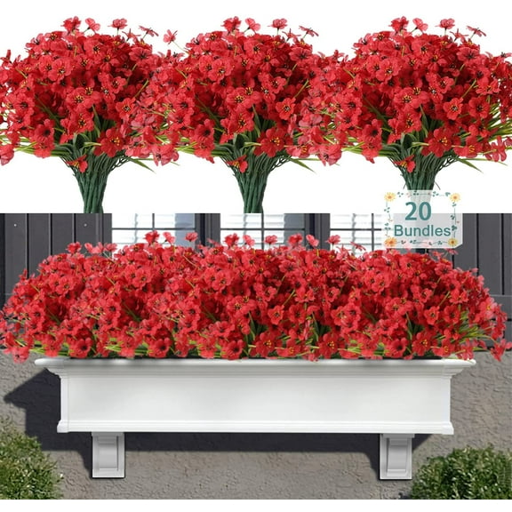 Sinhoon 12 Bundles Artificial Flowers Outdoor, Artificial Plants UV Resistant Fake Plants for Outdoors Outside Front Porch Window Box Hanging Planter Decoration ,Red