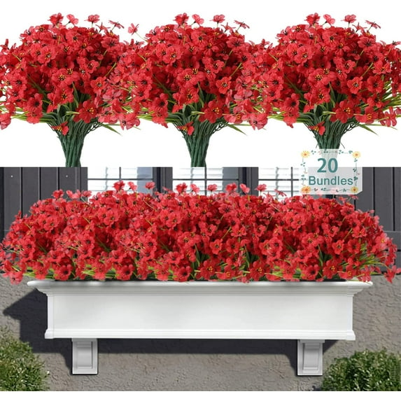Sinhoon 12 Bundles Artificial Flowers Outdoor, Artificial Plants UV Resistant Fake Plants for Outdoors Outside Front Porch Window Box Hanging Planter Decoration ,Red