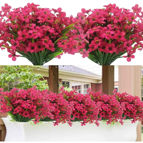 Sinhoon 12 Bundles Artificial Flowers, Outdoor Indoor UV Resistant Fake Flowers No Fade Faux Plastic Plants Garden Porch Window Box Decoration (Rose Red)