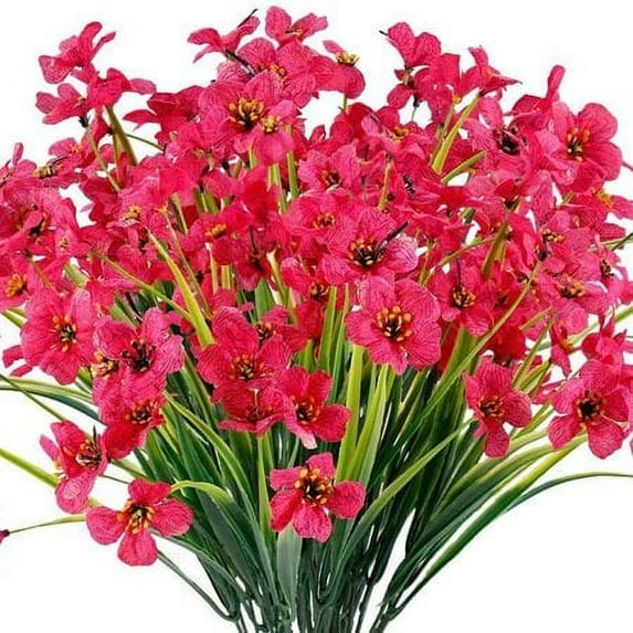 Sinhoon 12 Bundles Artificial Flowers Outdoor UV Resistant Fake Plastic Plants Garden, Dark Pink