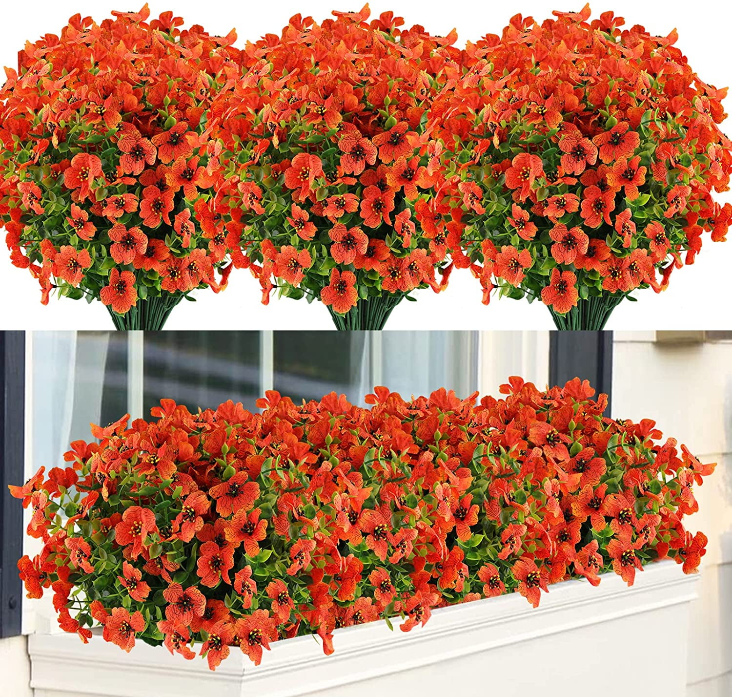 Sinhoon 12 Bundles Artificial Flowers UV Resistant Fake Plants Outdoor Faux Plastic Flowers Garden Window Box Porch Home Decor (Rosy Red)