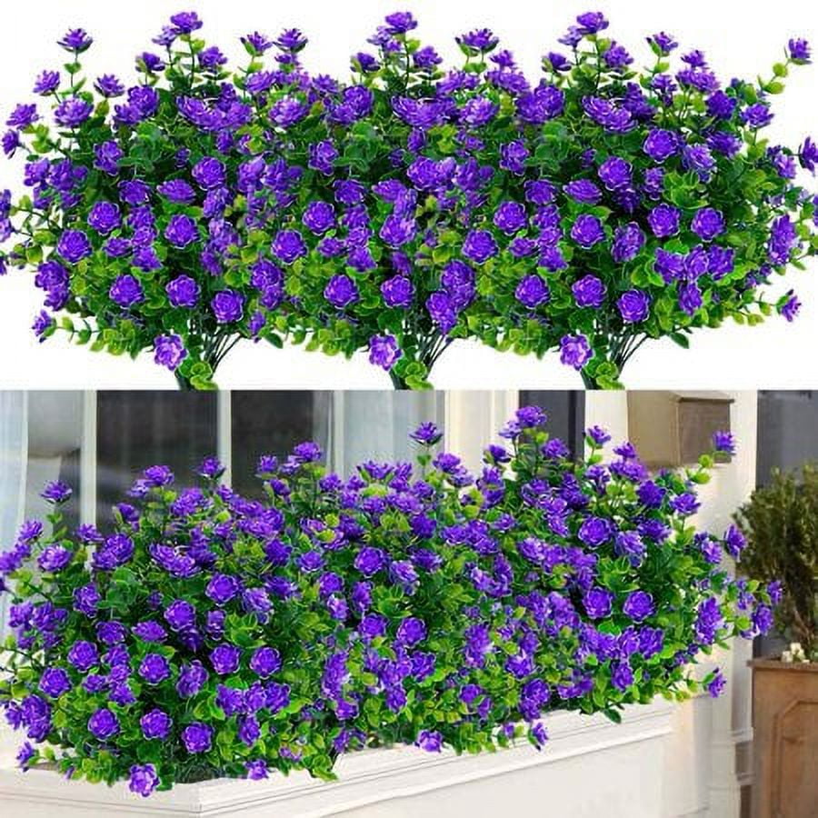 Sinhoon 12 Bundles Outdoor Artificial Flowers UV Resistant Fake Boxwood Plants, Faux Plastic Greenery for Indoor Outside Garden Home Wedding Farmhouse Decor (Purple)
