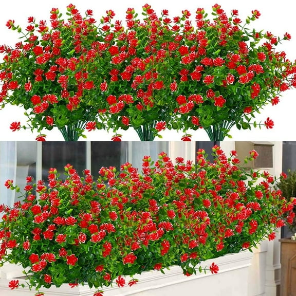 Sinhoon 12 Bundles Outdoor Artificial Flowers UV Resistant Fake Boxwood Plants, Faux Plastic Greenery for Indoor Outside Garden Home Wedding Farmhouse Decor (Red)