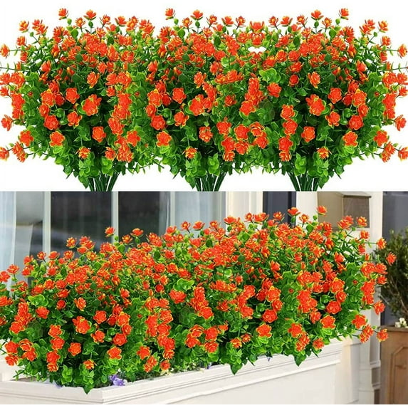 Sinhoon 12 Bundles Outdoor Artificial Flowers UV Resistant Fake Boxwood Plants, Faux Plastic Greenery for Indoor Outside Plants Garden Home Decor (Orange red)