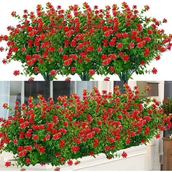 Sinhoon 12 Bundles Outdoor Artificial Flowers UV Resistant Fake Boxwood Plants, Faux Plastic Greenery for Indoor Outside Plants Garden Home Decor (Red)