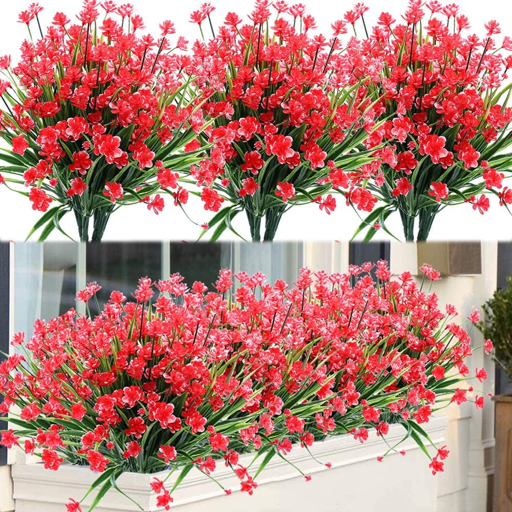 Sinhoon 16 Bundles Fake Artificial Flowers Outdoor for Decoration UV Resistant No Fade Faux Plastic Plants Garden Porch Window Box Décor Kitchen Office Table Vase(Red)
