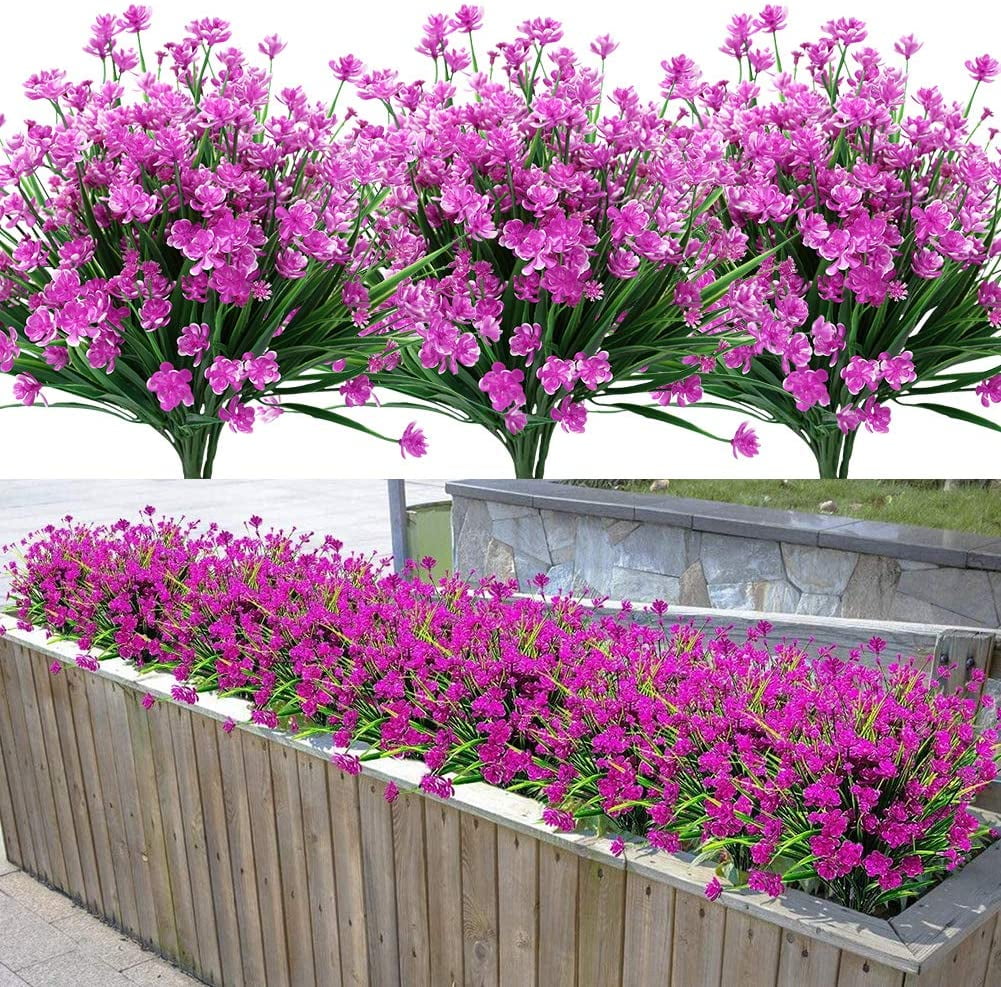 Sinhoon 16 Bundles Fake Artificial Flowers Outdoor for Decoration UV Resistant No Fade Faux Plastic Plants Garden Porch Window Box Décor Kitchen Office Table Vase(Fuchsia)