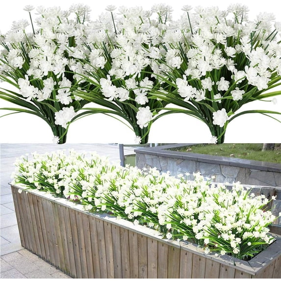 Sinhoon 16 Bundles Fake Artificial Flowers Outdoor for Decoration UV Resistant No Fade Faux Plastic Plants Garden Porch Window Box Décor Kitchen Office Table Vase(White)