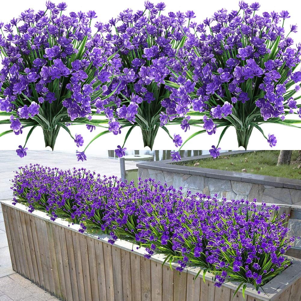 Sinhoon 16 Bundles Fake Artificial Flowers Outdoor for Decoration UV Resistant No Fade Faux Plastic Plants Garden Porch Window Box Décor Kitchen Office Table Vase(Purple)