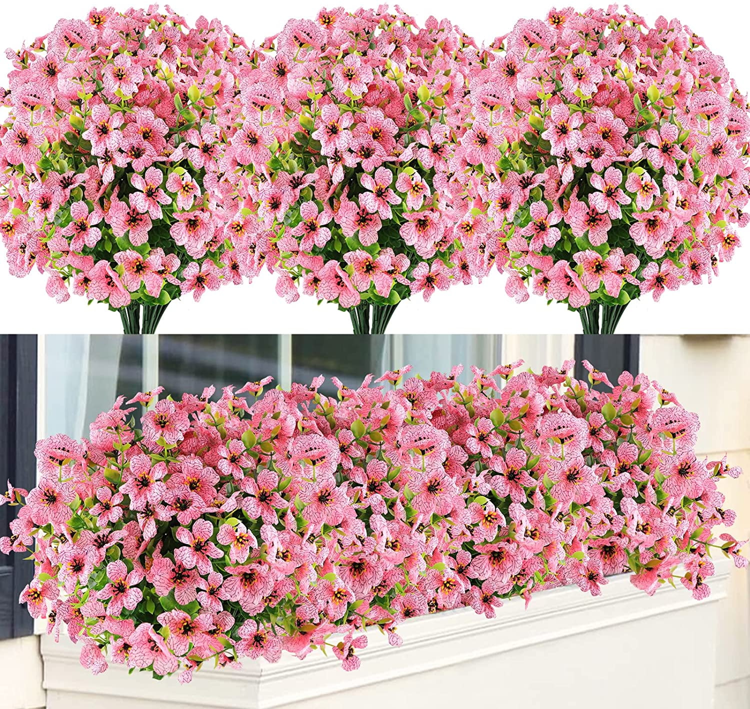 Sinhoon 18 Bundles Artificial Flowers UV Resistant Fake Plants Outdoor Faux Plastic Flowers Garden Window Box Porch Home Decor (Pink)