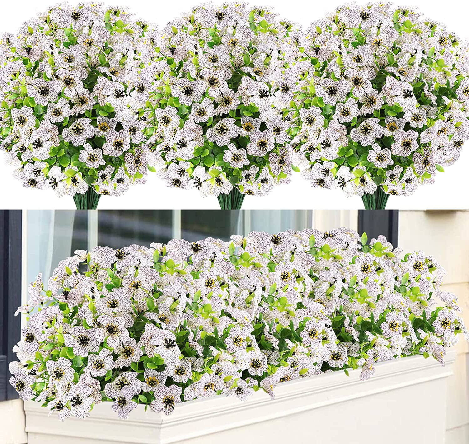 Sinhoon 18 Bundles Artificial Flowers UV Resistant Fake Plants Outdoor Faux Plastic Flowers Garden Window Box Porch Home Decor (White)