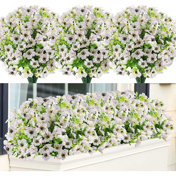 Sinhoon 18 Bundles Artificial Flowers UV Resistant Fake Plants Outdoor Faux Plastic Flowers Garden Window Box Porch Home Decor (White)
