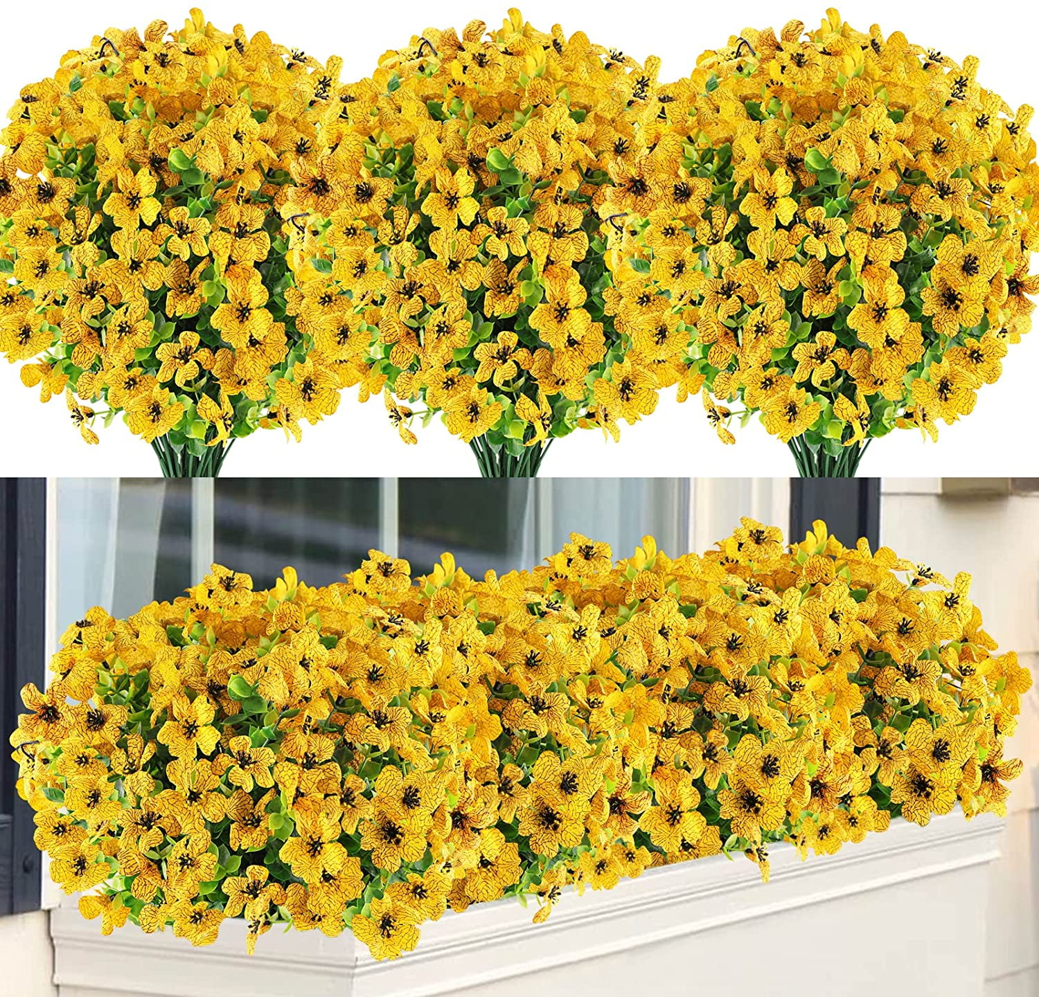 Sinhoon 18 Bundles Artificial Flowers UV Resistant Fake Plants Outdoor Faux Plastic Flowers Garden Window Box Porch Home Decor (Yellow)