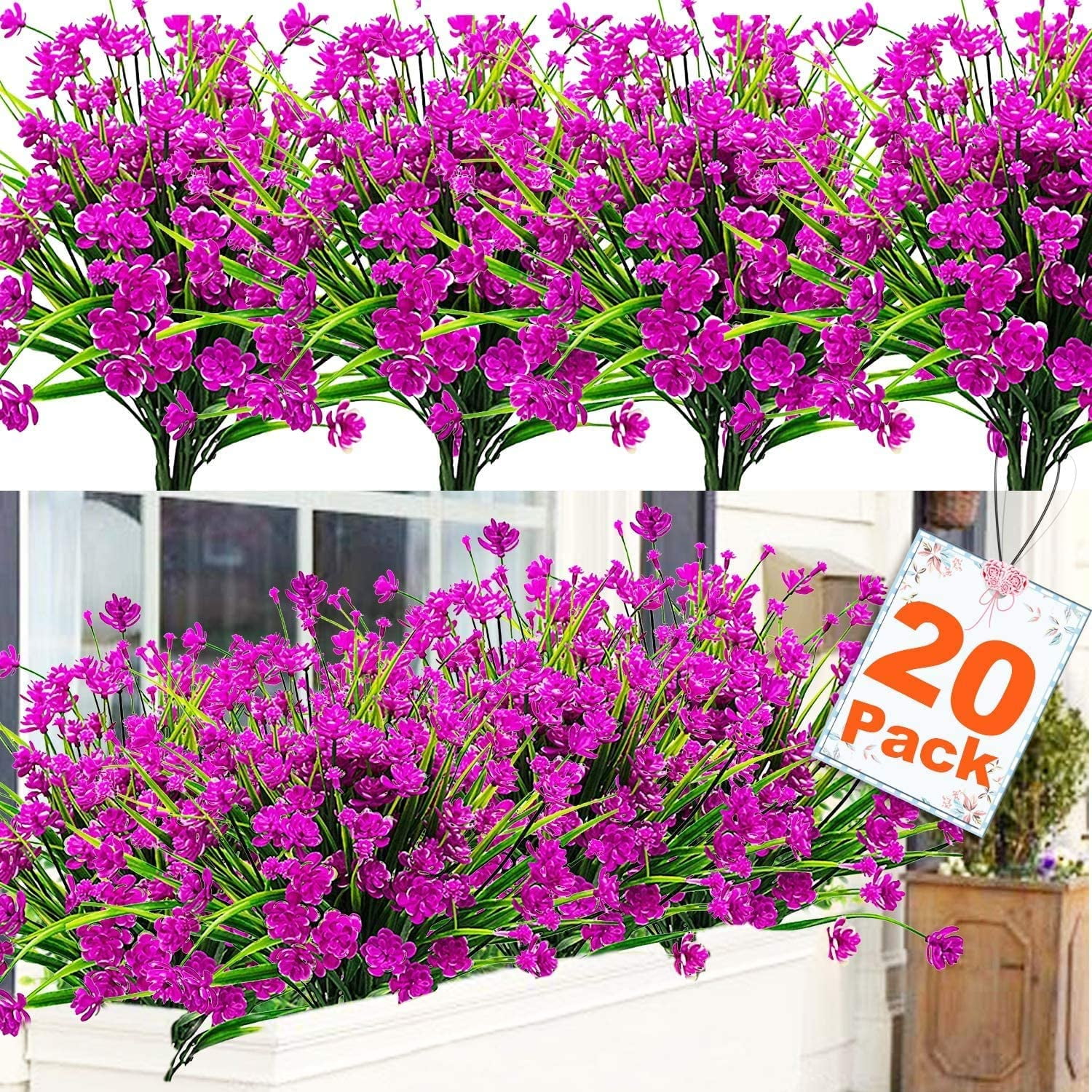 Sinhoon 20 Bundles Artificial Flowers for Outdoor Decoration, UV Resistant Faux Outdoor Plastic Greenery Shrubs Plants Fake Flowers Hanging Planter Home Garden Decor (Pink)