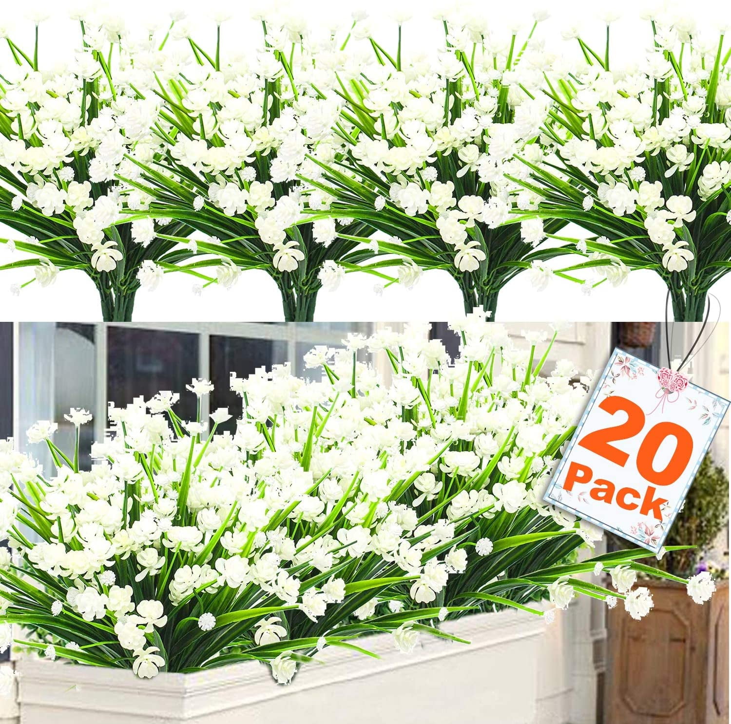 Sinhoon 20 Bundles Artificial Flowers for Outdoor Decoration, UV Resistant Faux Outdoor Plastic Greenery Shrubs Plants Fake Flowers Hanging Planter Home Garden Decor (White)