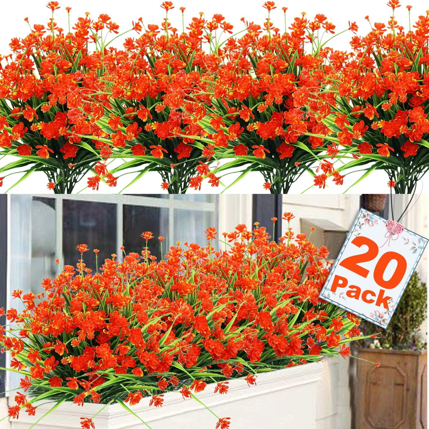 Sinhoon 20 Bundles Artificial Flowers for Outdoor Decoration, UV Resistant Faux Outdoor Plastic Greenery Shrubs Plants Fake Flowers Hanging Planter Home Garden Decor (Orange)
