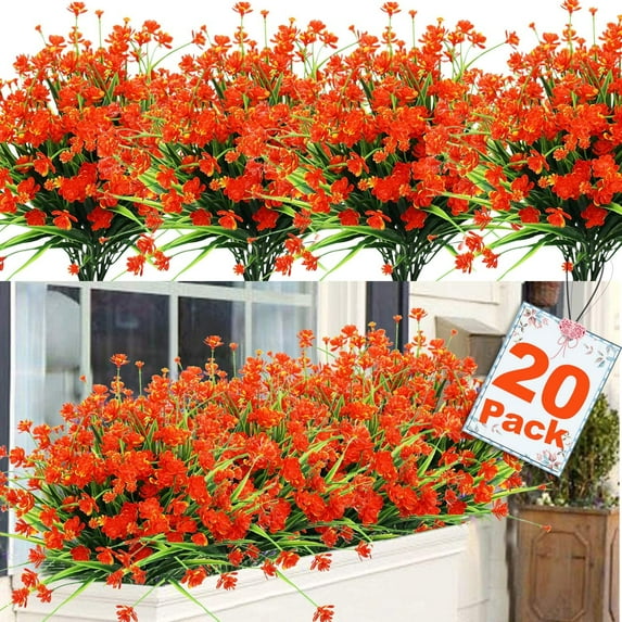 Sinhoon 20 Bundles Artificial Flowers for Outdoor Decoration, UV Resistant Faux Outdoor Plastic Greenery Shrubs Plants Fake Flowers Hanging Planter Home Garden Decor (Orange)