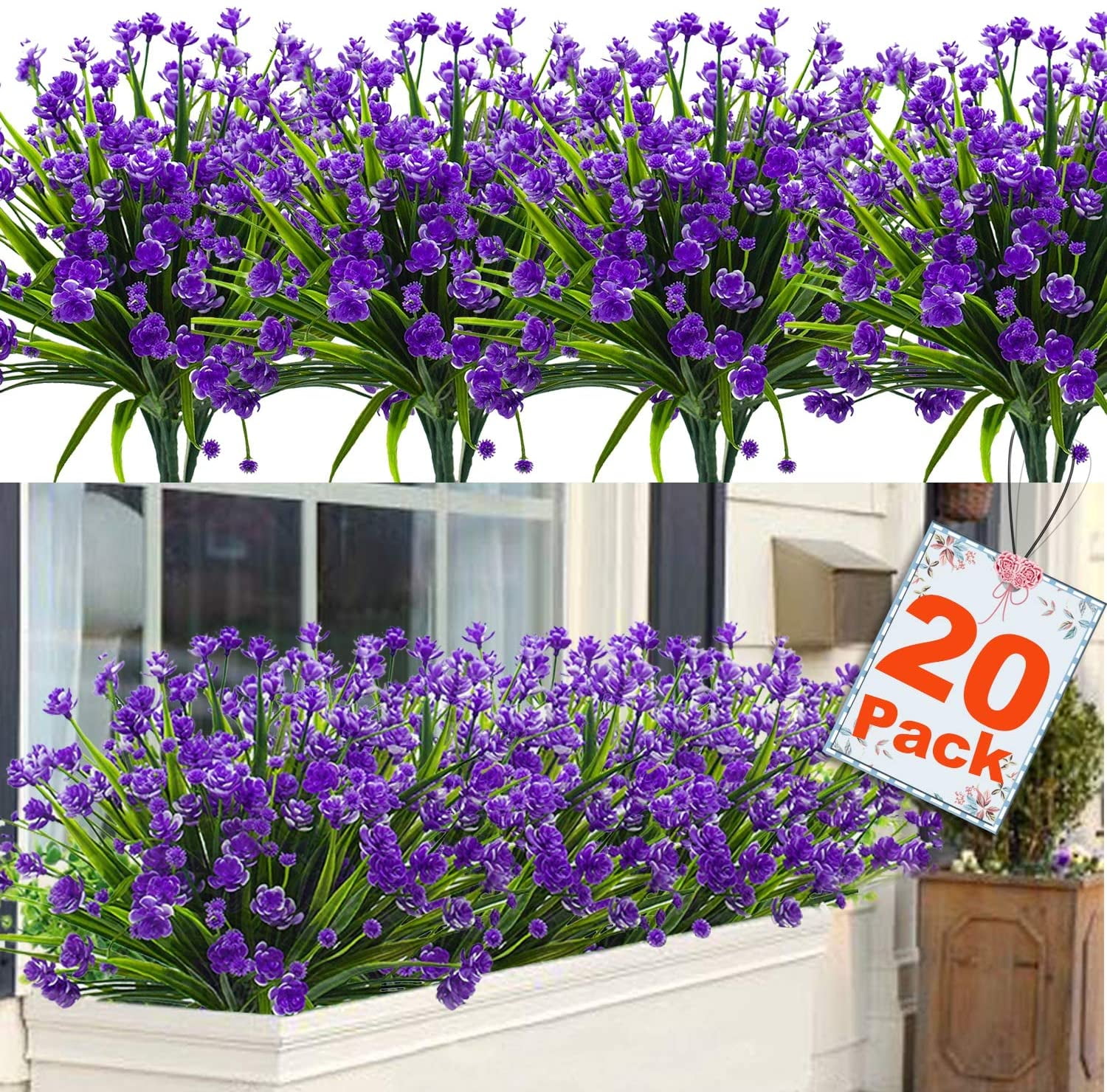 Sinhoon 20 Bundles Artificial Flowers for Outdoor Decoration, UV Resistant Faux Outdoor Plastic Greenery Shrubs Plants Fake Flowers Hanging Planter Home Garden Decor (Purple)