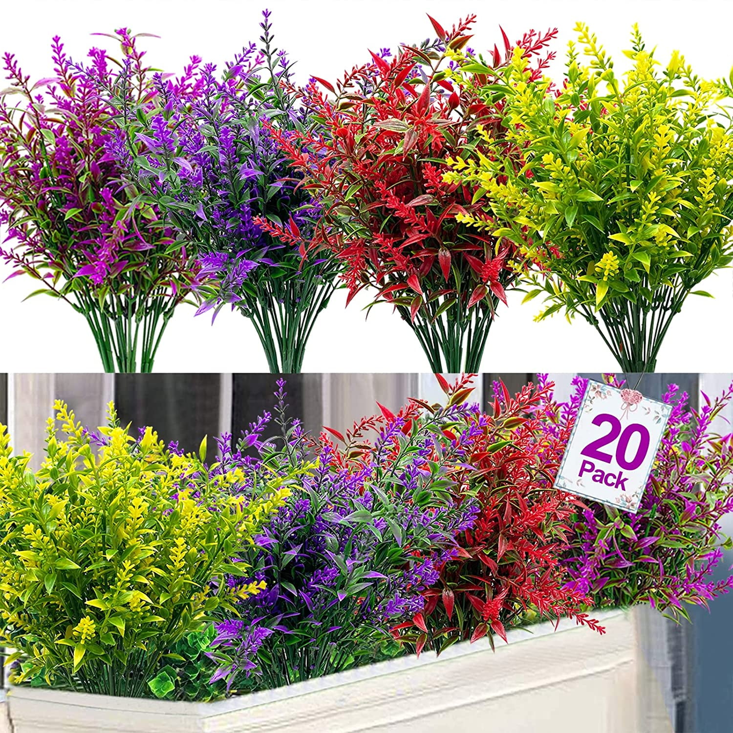 Sinhoon 20 Bundles Artificial Lavender Outdoor UV Resistant Flowers Plastic Fake Flowers Plants, Artificial Flowers Faux Plants for Outdoor Hanging Planter Home Porch Summer Decor(Mix-colored)