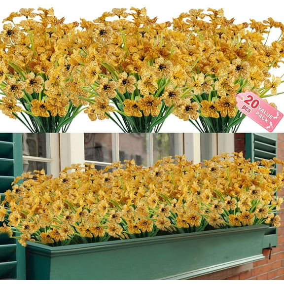 Sinhoon 20 Bundles Artificial Outdoor Flowers UV Resistant Fake Flowers No Fade Faux Plastic Greenery Shrubs Garden Porch Window Box Decorating (Yellow)
