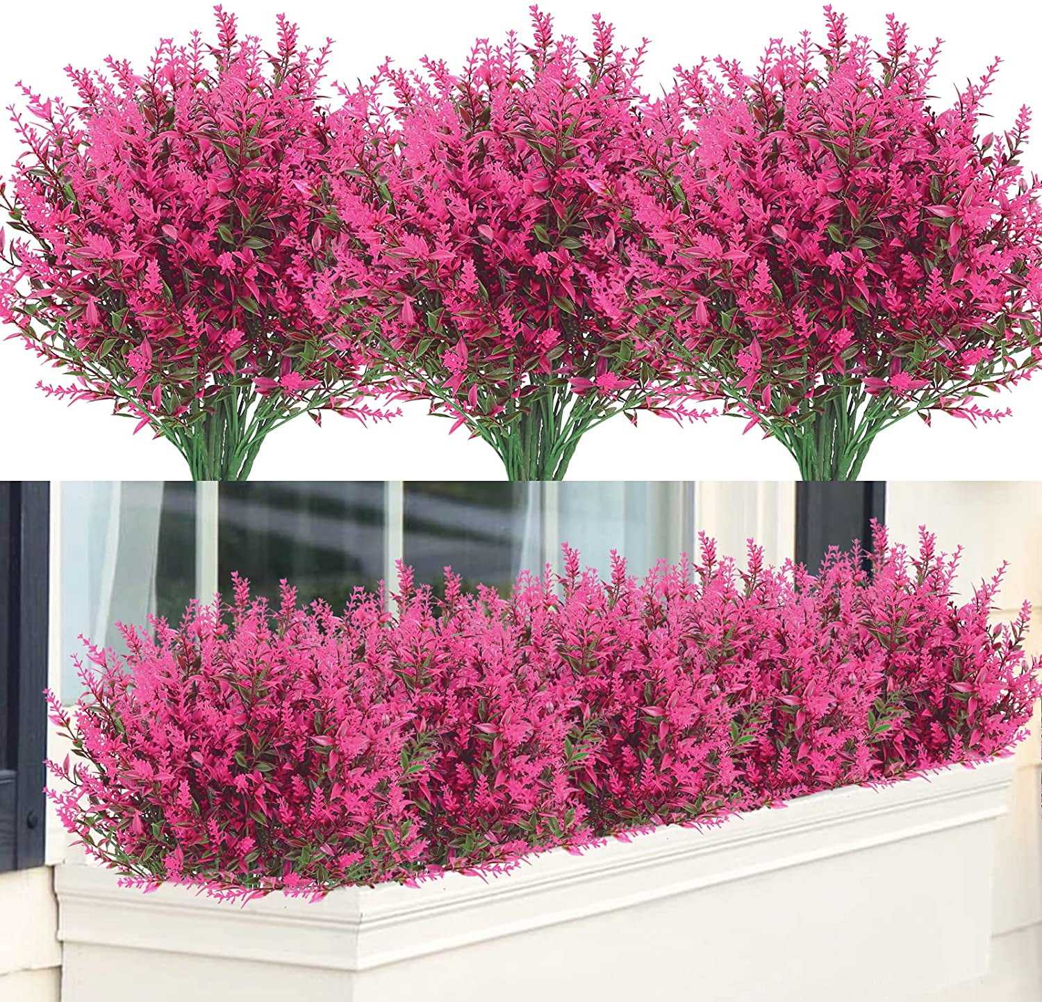 Sinhoon 24 Bundles Artificial Lavender Flowers Outdoor Fake Flowers for Decoration UV Resistant No Fade Faux Plastic Plants Garden Porch Window Box Décor (hot pink)