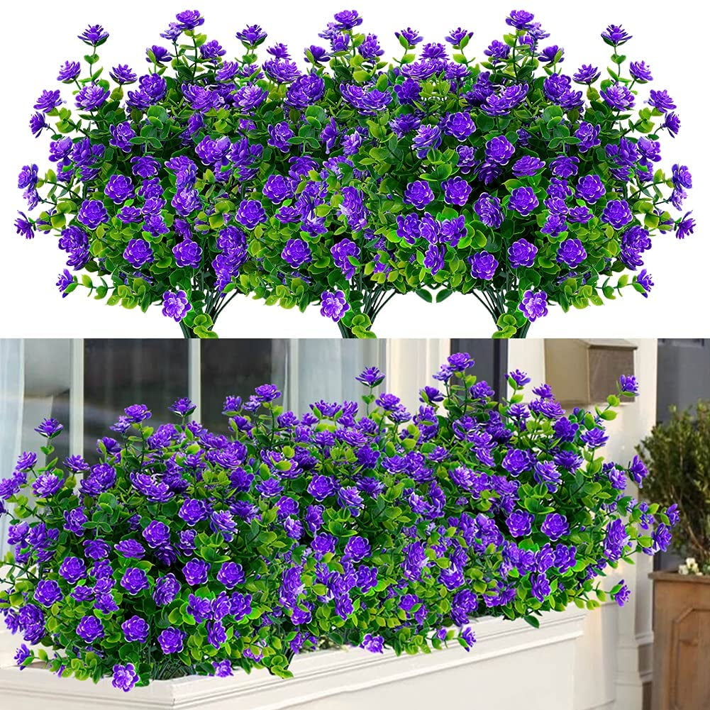 Sinhoon 24 Bundles Outdoor Artificial Flowers UV Resistant Fake Boxwood Plants, Faux Plastic Greenery for Indoor Outside Plants Garden Home Decor (Purple)