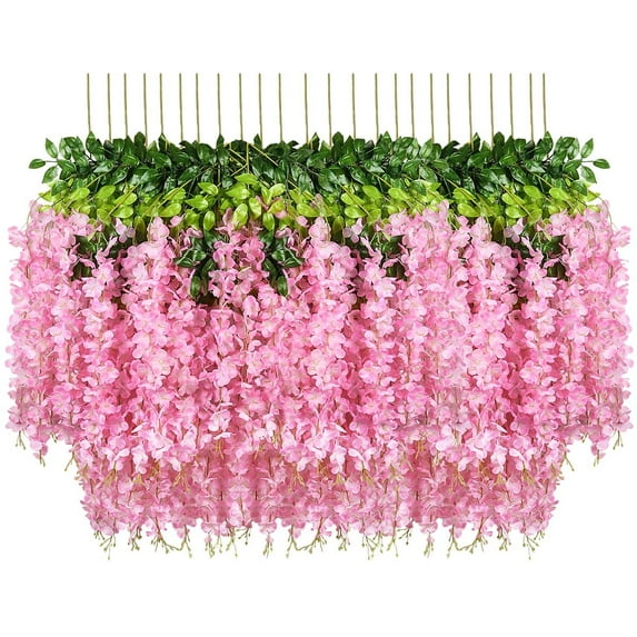 Sinhoon 24 Pack Artificial Wisteria Vine Ratta Fake Wisteria Hanging Garland Silk Long Hanging Bush Flowers String Home Party Wedding Decor (Pink)