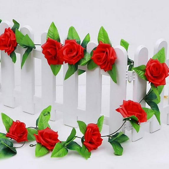 Sinhoon 2Pcs 8Ft Artificial Rose Vine 9 Head Fake Silk Flowers Green Leaves Hanging Wall Decor for Garden