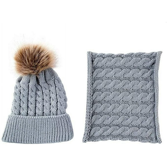 Sinhoon 2Pcs Toddler Baby Boys Girls Winter Warm Fur Pom Bobble Knit Beanie Hats Caps scarf