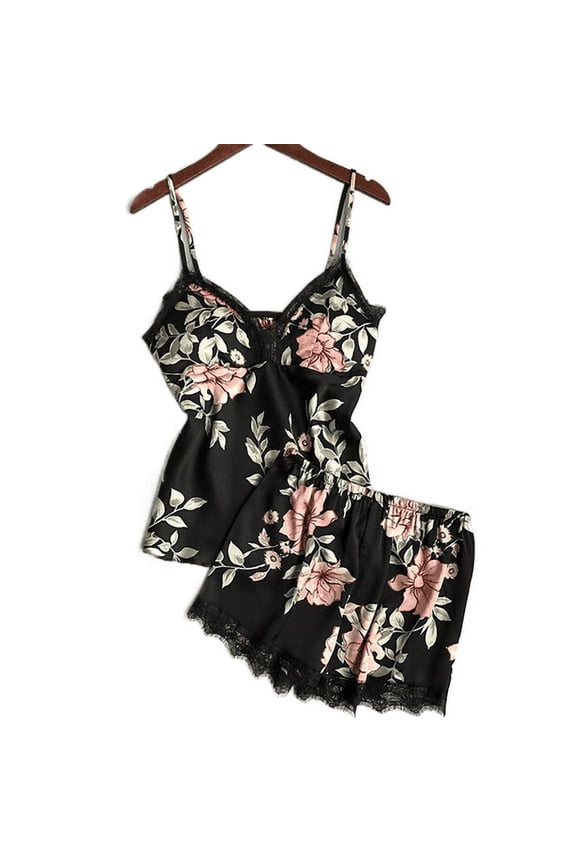 2Pcs Women Satin Silk Sleepwear Lace V Neck Pyjamas Set