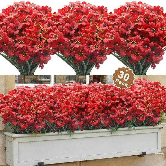 Sinhoon 30 Bundles Artificial Flowers, Outdoor Indoor UV Resistant Fake Flowers No Fade Faux Plastic Greenery Shrubs Garden Porch Window Box Decorating (Deep red)