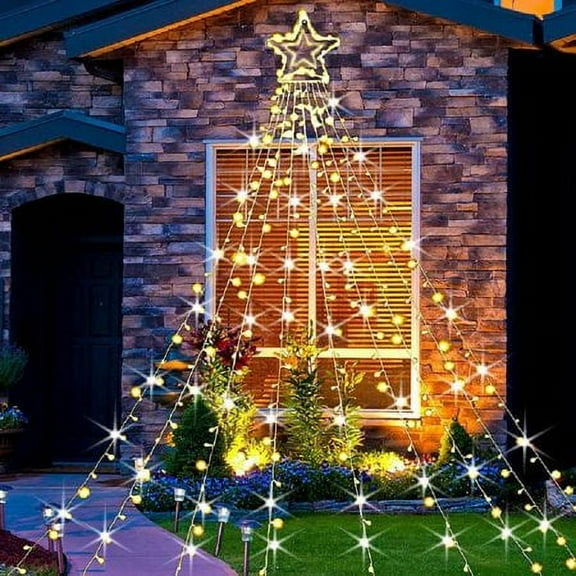 Sinhoon 350 LED Outdoor Christmas Decorations Star Light with 8 Modes, Waterfall Tree String Lights with Topper Star String Lights, Christmas Star Lights for Party Home Holiday Decor