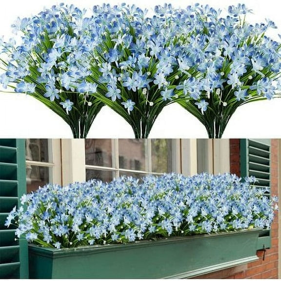 Sinhoon 4 Bundles Artificial Flowers Outdoor Indoor UV Resistant Fake Flowers No Fade Faux Plastic Plants Garden Porch Window Box Decoration (Blue)