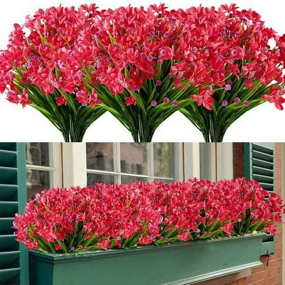 Sinhoon 4 Bundles Artificial Flowers Outdoor Indoor UV Resistant Fake Flowers No Fade Faux Plastic Plants Garden Porch Window Box Decoration (Red)