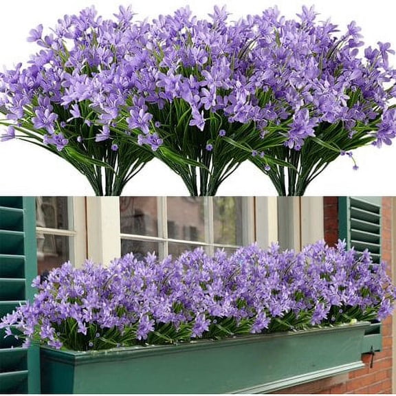 Sinhoon 4 Bundles Artificial Flowers Outdoor UV Resistant Fake Plastic Plants For Garden Porch Window Box Home Wedding Farmhouse Decor (Purple)