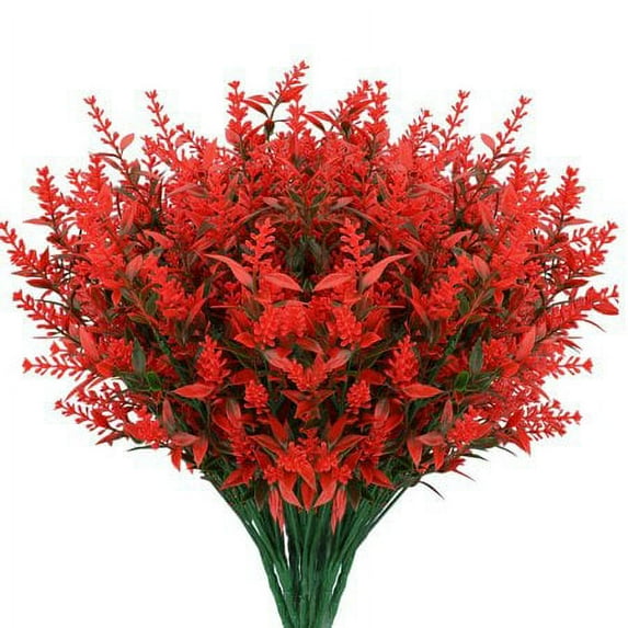 Sinhoon 4 Bundles Artificial Lavender Flowers Outdoor UV Resistant Fake Flowers No Fade Faux Plastic Plants Garden Porch Decorating (Red)